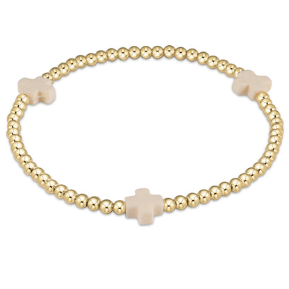 Pulsera de Cuentas de 3 mm con Cruz y Patrón Dorado Signature